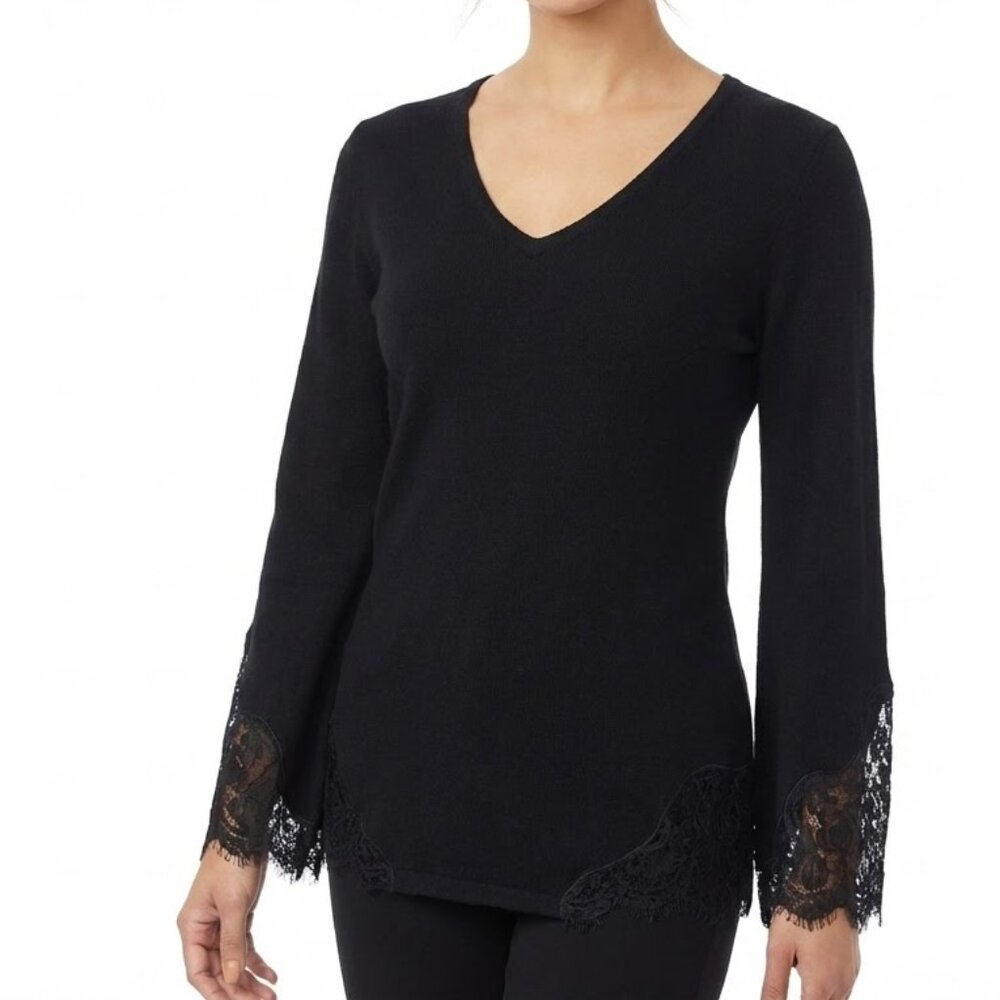 Soft Surroundings Black Lace Trim V-Neck Wool Blend Bell Sleeve Sweater Tunic S